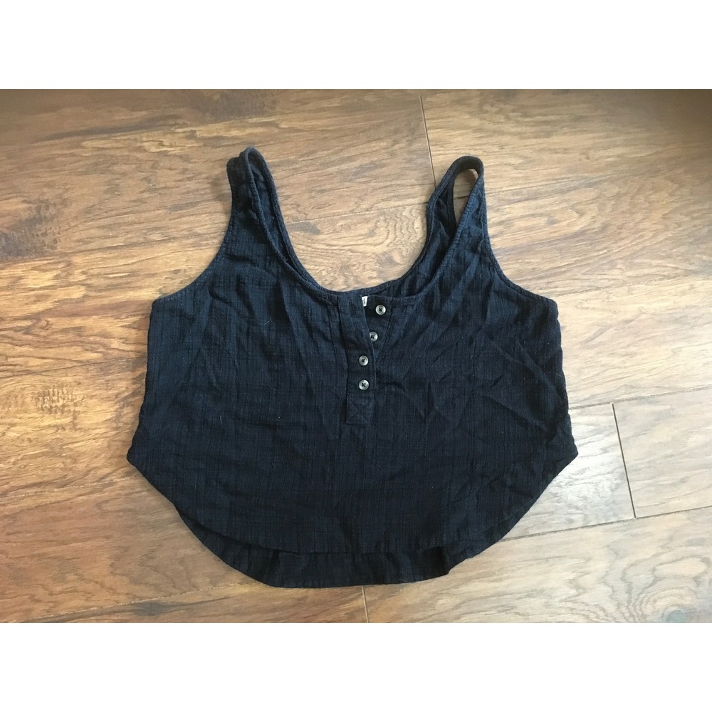 Rip Curl Womens Black Gauze Henley Tank Top Cropped Scoop Neck Relaxed Fit L